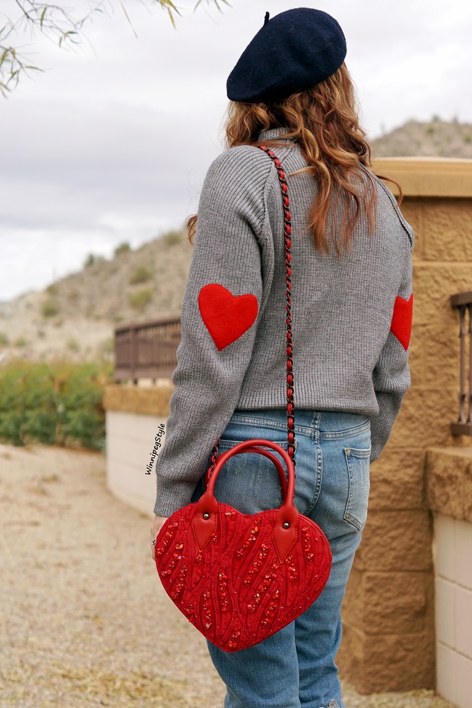 Winnipeg Style fashion stylist canadian blog, Chicwish grey sweater jumper red heart patches, Anthropologie Pilcro heart patches patch embroidered denim jeans, Mary Frances red heart novelty bag, John Fluevog LE red malibran operetta mary jane shoes, vacation style Arizona trip